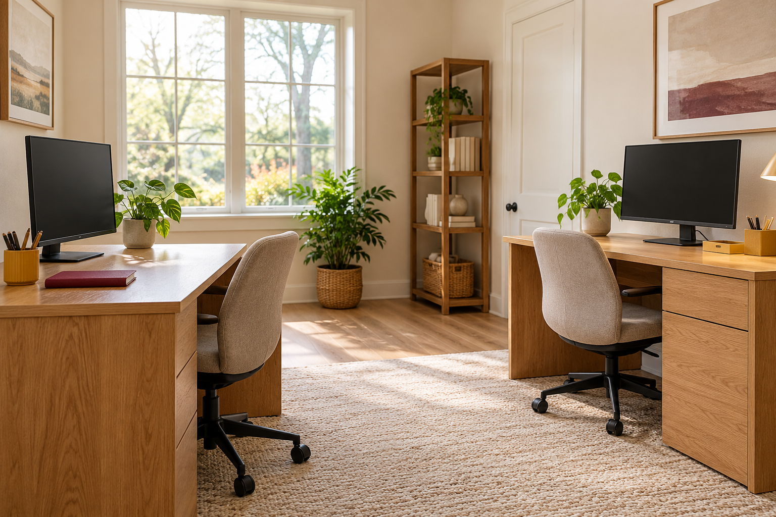 Tidy, sunlit office workspace